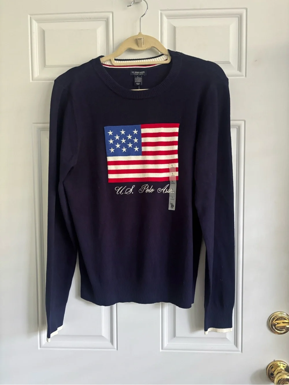 NWT U.S. Polo Assn. Women’s Navy Flag Crew Neck Lightweight Sweater, Size Large
